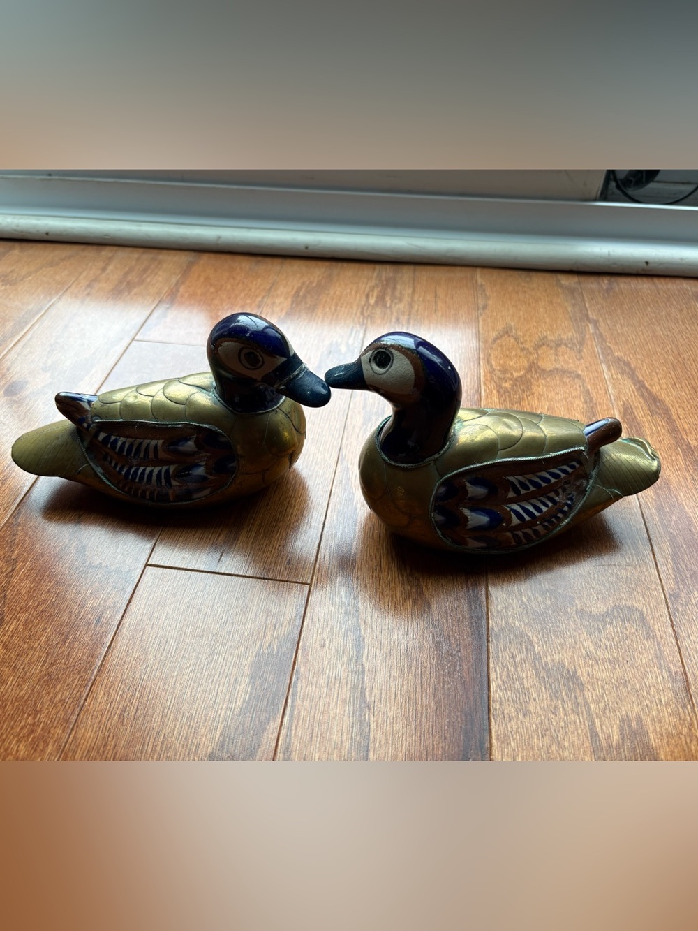 Ceramic Duck Figurine Pair Brass Plated and Navy